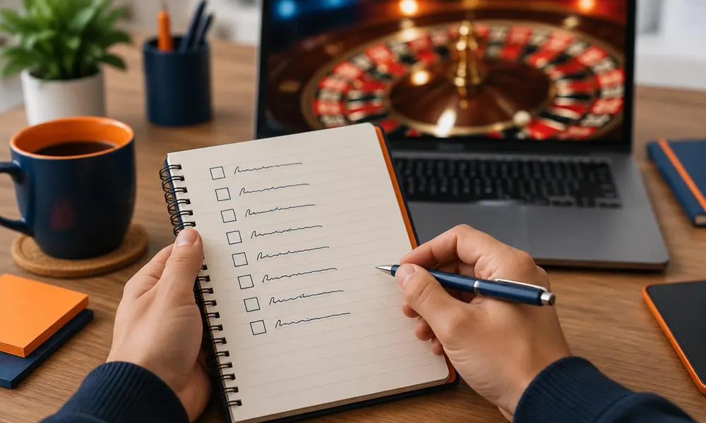 Handgeschreven checklist naast een laptop met roulettewiel